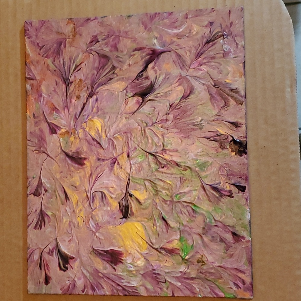 Abstract hummingbird garden art created by me using acrylics on an a panel.